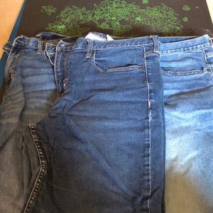 Three pair old navy denim jeans. Athletic taper. One dark. Two lighter. 36 x 32